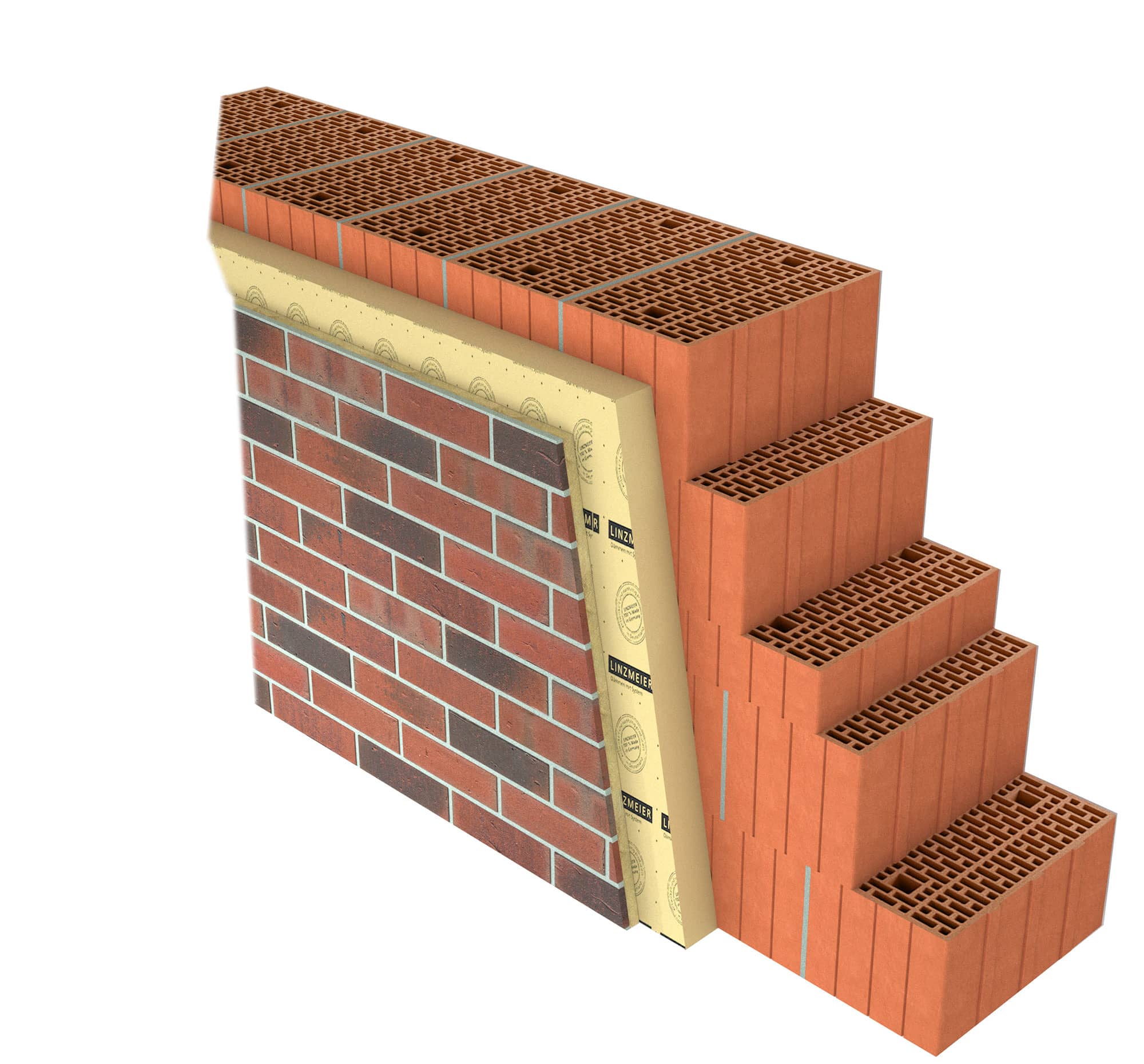 System kess with PUR insulation on vertically perforated brick