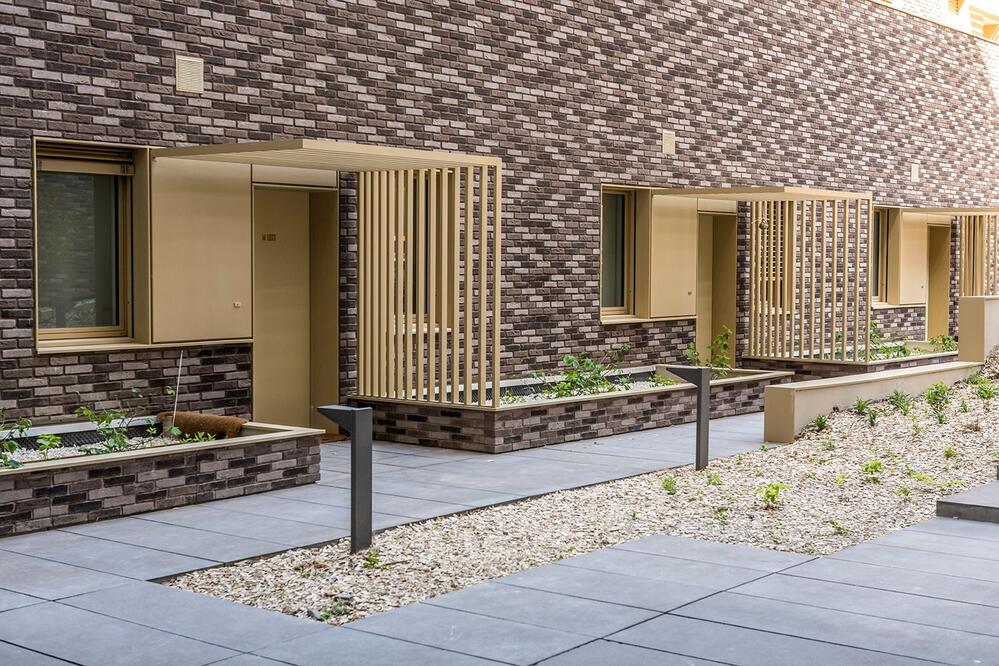 Courtyard verdoyant avec des plantes et des bancs, situé devant un bâtiment en briques.