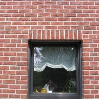 Ein Fenster mit einem Vorhang, der sanft im Wind weht und einen Blick nach draußen ermöglicht.