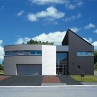 Modernes Haus mit großem Garagenbereich und Einfahrt, umgeben von gepflegtem Grün und zeitgemäßer Architektur.